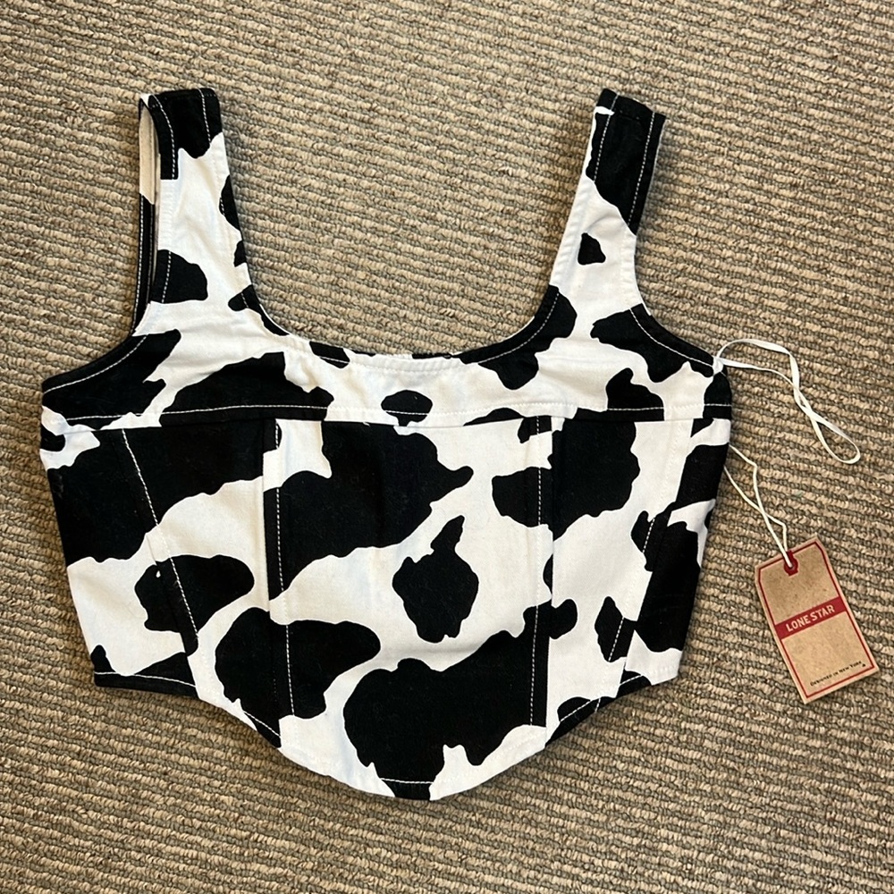 NWT DENIM WOMENS COW PRINT CROP TOP 100% Cotton